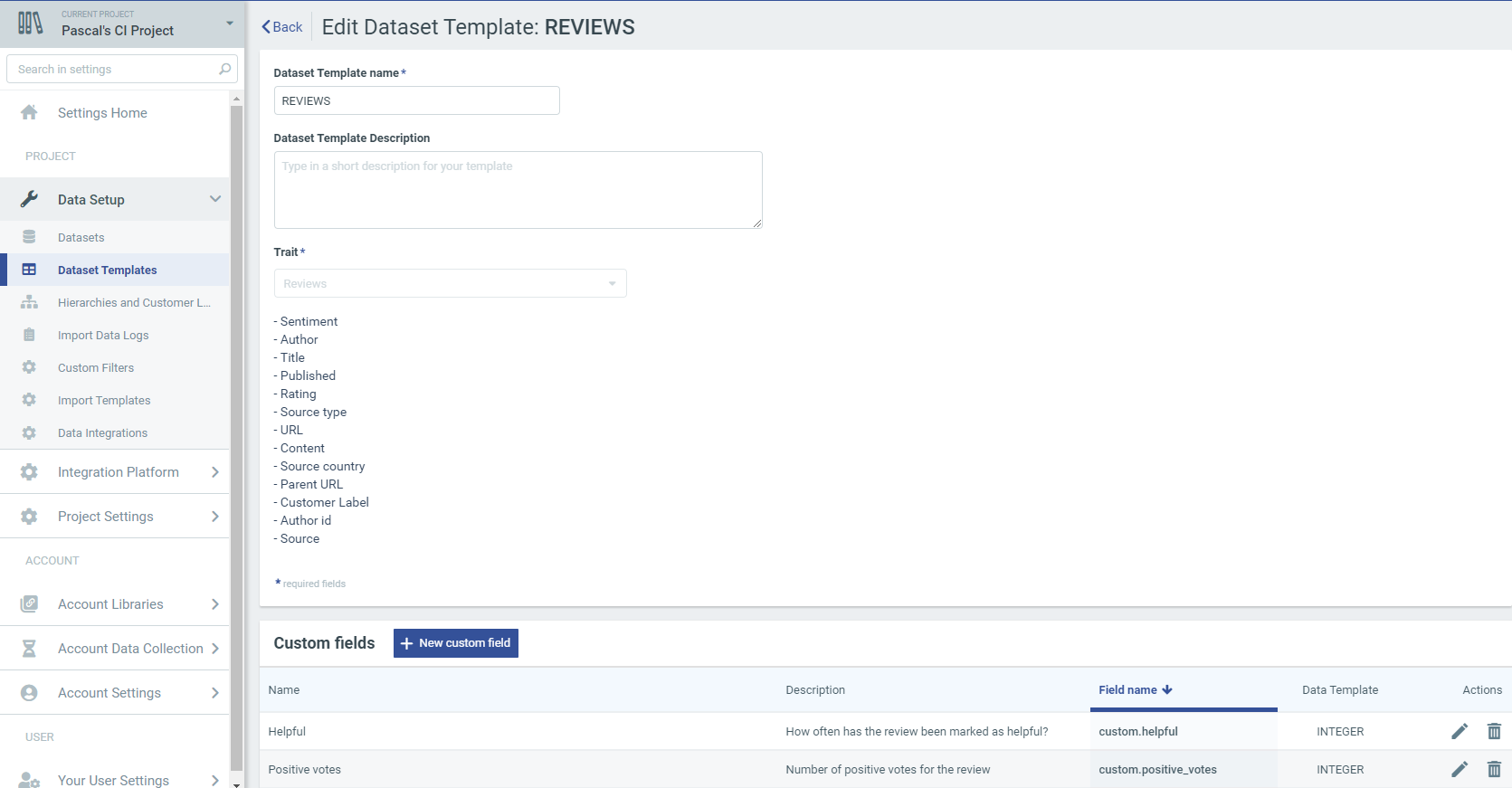Dataset template for reviews