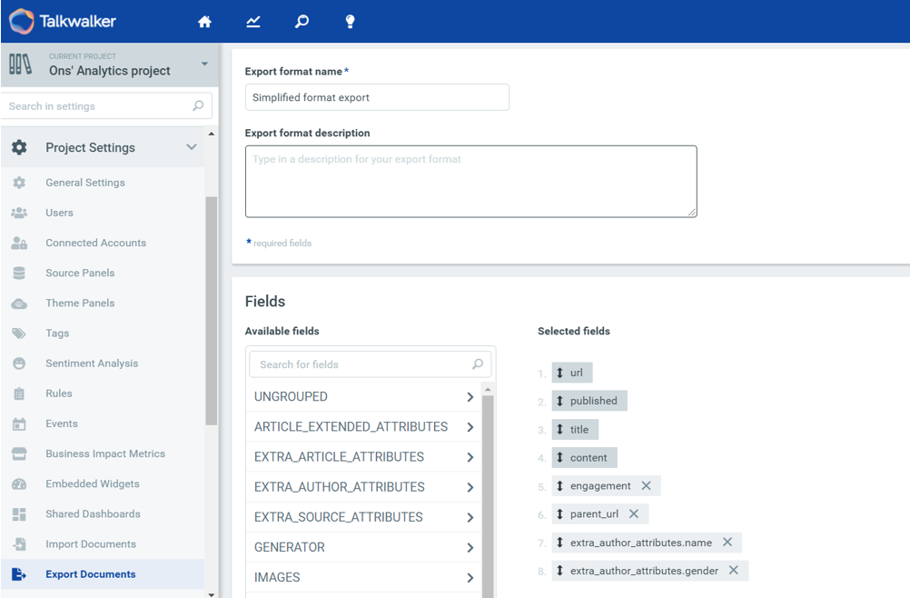Talkwalker export template screen