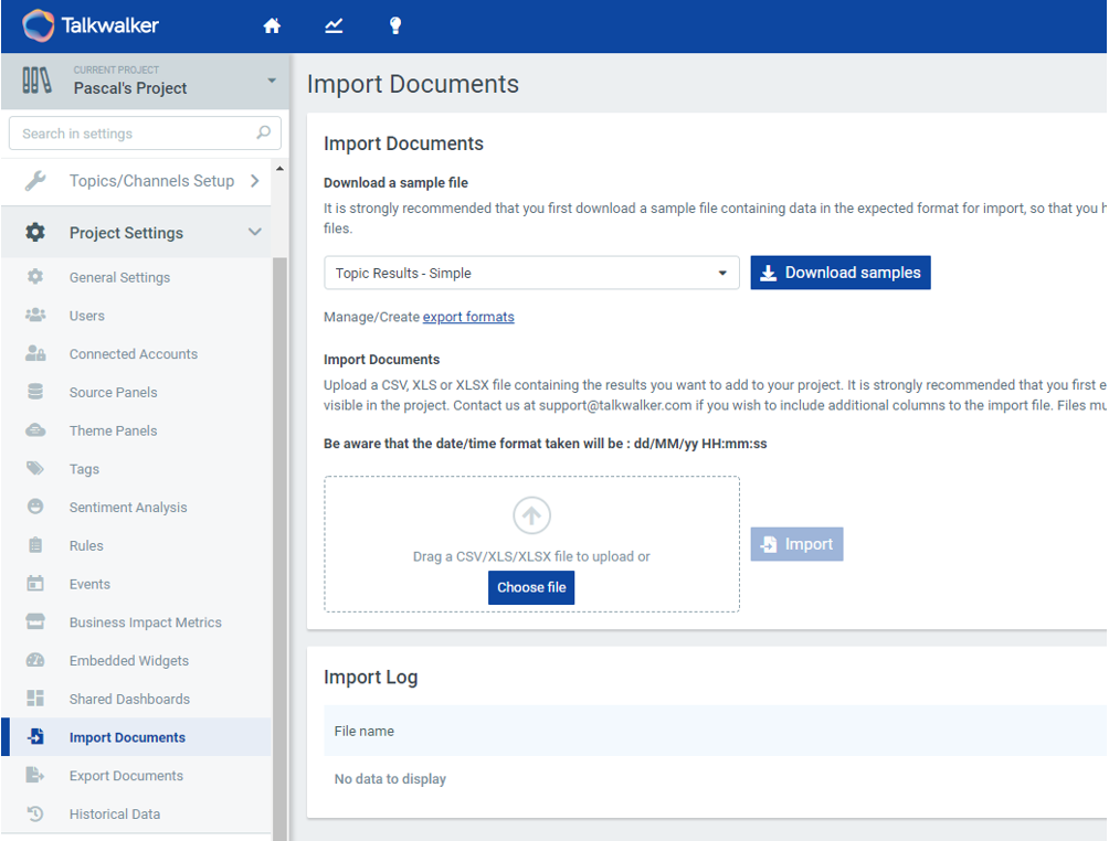 Talkwalker import screen